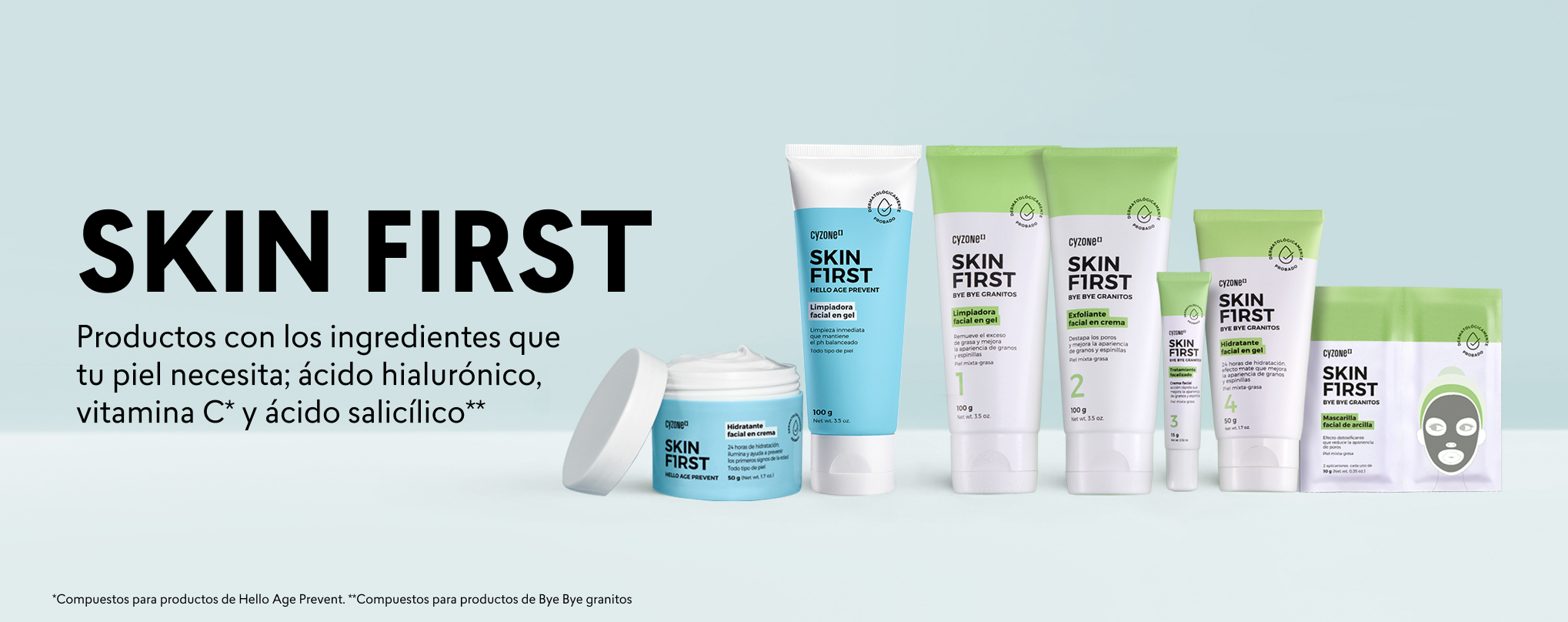 Línea de productos para el cuidado de la piel skin first de cyzone ideal para cuidados de la piel joven