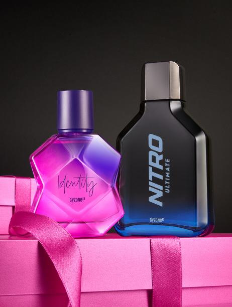 Set de perfumes Nitro Ultimate y Identity de Cyzone. Perfumes de hombres con aroma herbal aromatico y perfume de mujer dulce y durarero.