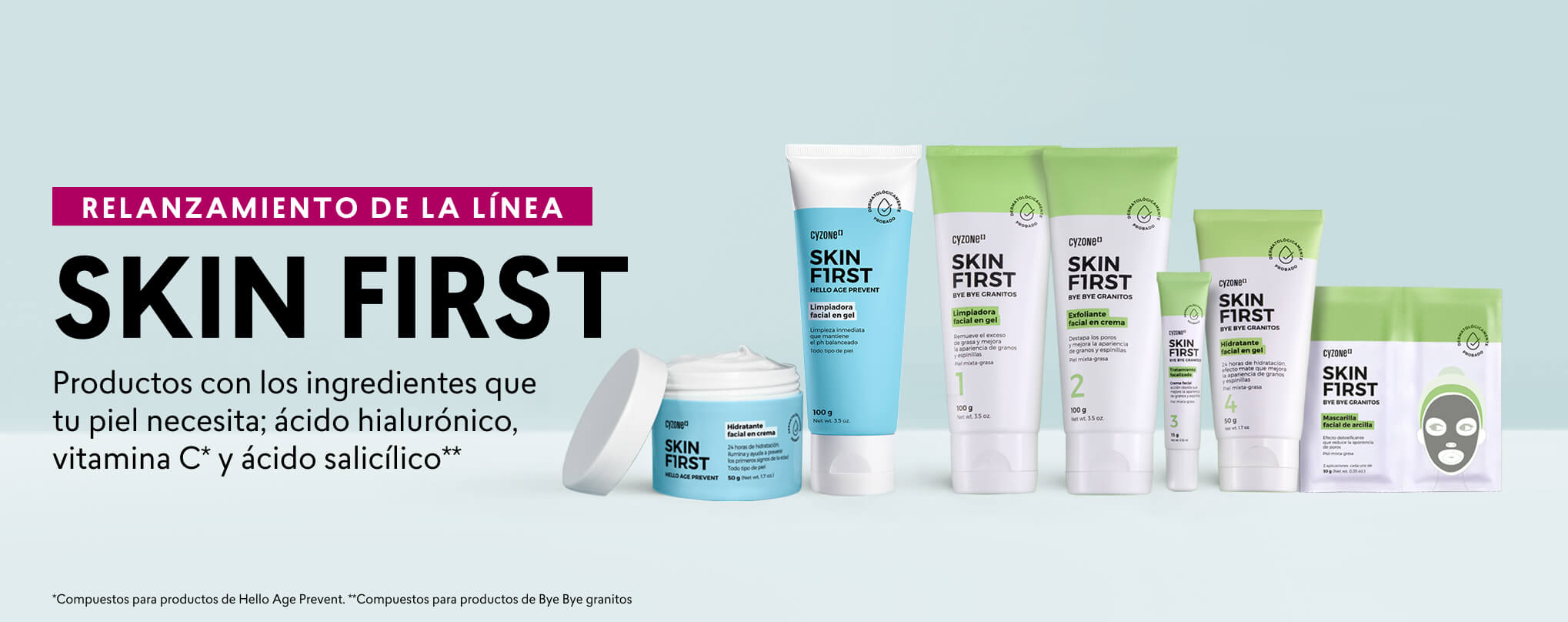 Línea de productos para el cuidado de la piel skin first de cyzone ideal para cuidados de la piel joven