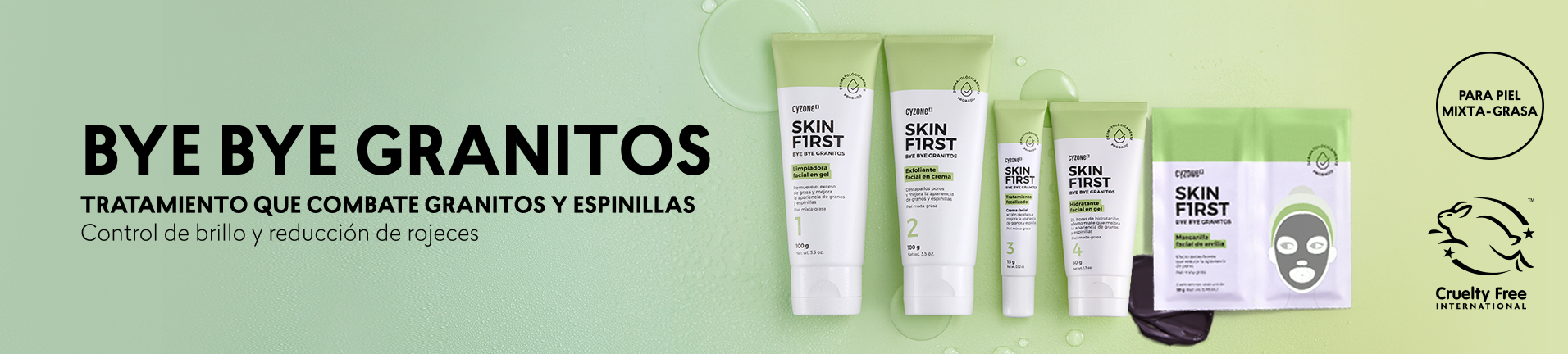 Productos para el cuidado de la piel para piel grasa y con acne en la cara, productos para reducir el acne y espinillas con la línea bye bye granitos de skin first cyzone